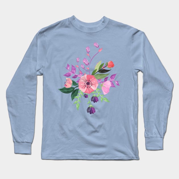 Painted Pink and Purple Flowers Long Sleeve T-Shirt by Art by Ergate